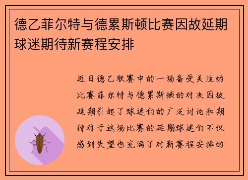 德乙菲尔特与德累斯顿比赛因故延期球迷期待新赛程安排